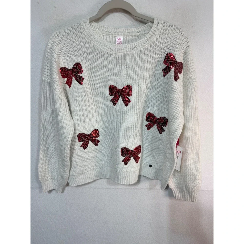 Justice Sweater Sequin Bow Crewneck Pullover Girls XL Plus White Holiday Party